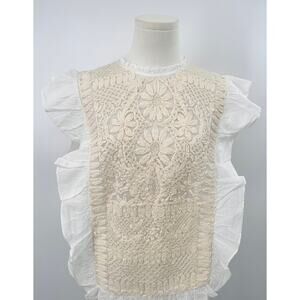 Veronica Beard White Lace Top Crochet Ruffle Sleeve Cotton Blouse Cap Sleeve 6 M